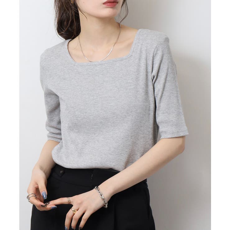 スクエアネック5分袖コットンリブTシャツ | atONE | 詳細画像37 