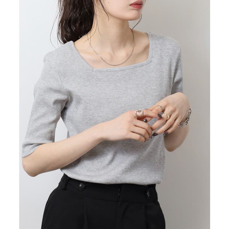 スクエアネック5分袖コットンリブTシャツ | atONE | 詳細画像40 