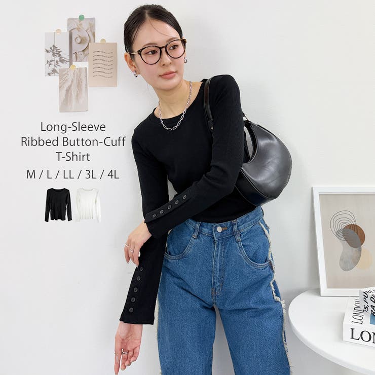 ブラック | 袖口ボタンリブロングTシャツ | atONE