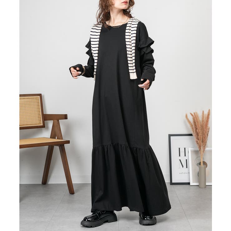 ブラック | ダブルフリル長袖ワンピース | atONE