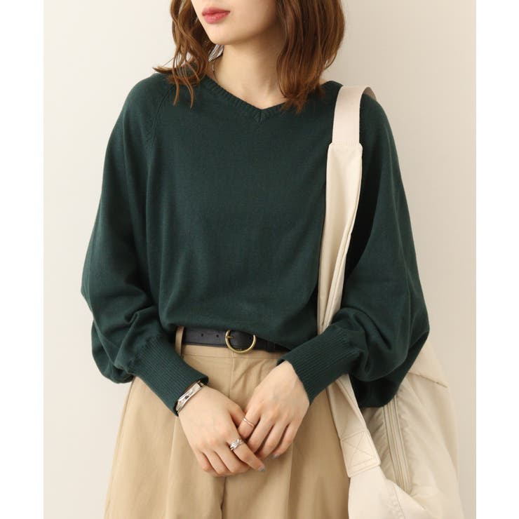 ダークグリーン | Vネックドルマン綿ニット プルオーバー セーター | atONE