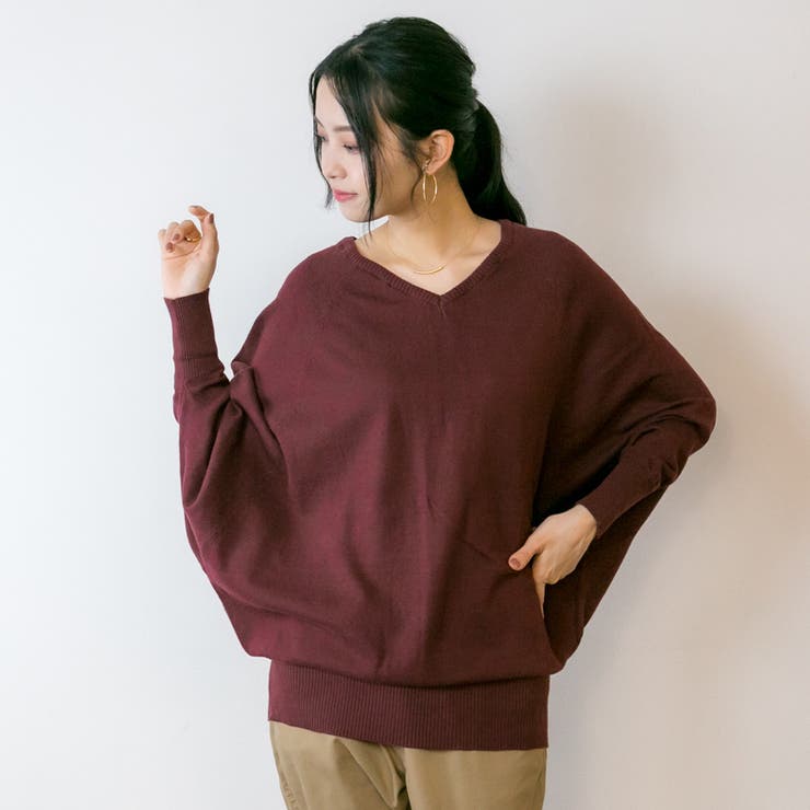 Vネックドルマン綿ニット プルオーバー セーター | atONE | 詳細画像22 
