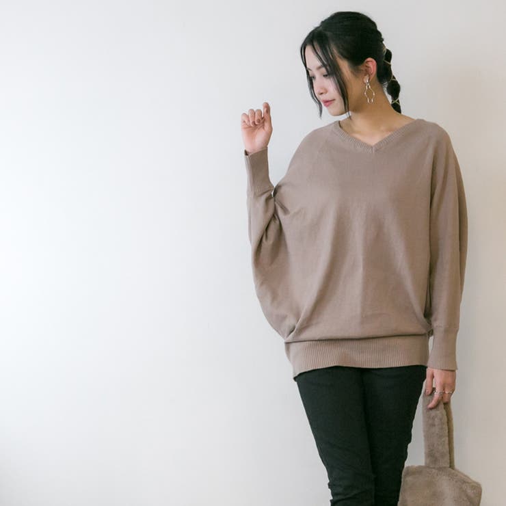 Vネックドルマン綿ニット プルオーバー セーター | atONE | 詳細画像27 