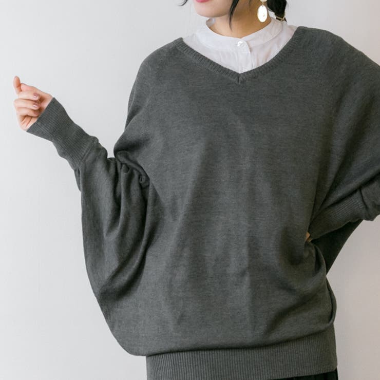 Vネックドルマン綿ニット プルオーバー セーター | atONE | 詳細画像28 