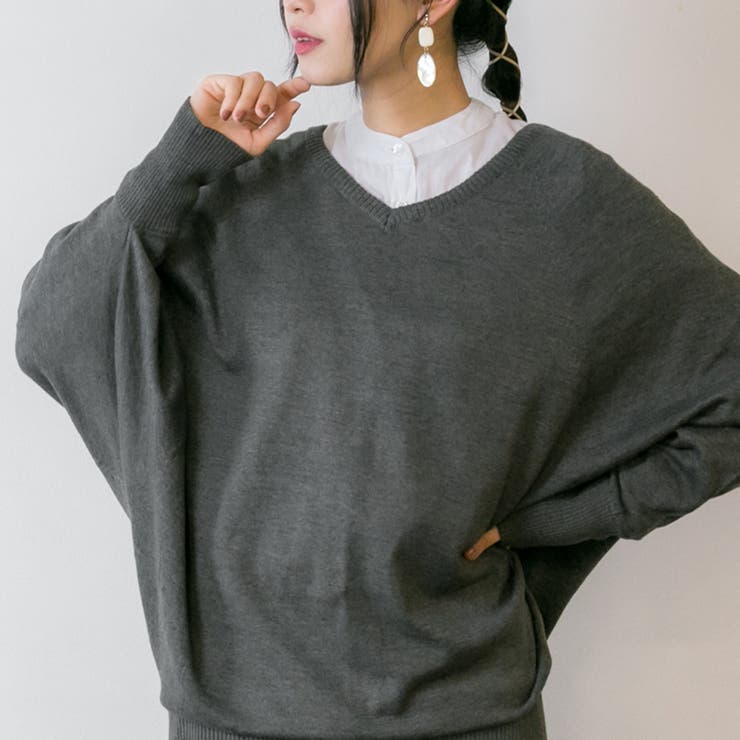 Vネックドルマン綿ニット プルオーバー セーター | atONE | 詳細画像29 