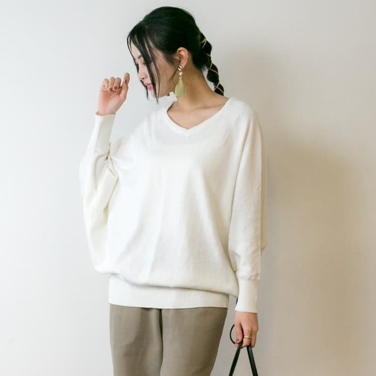 Vネックドルマン綿ニット プルオーバー セーター | atONE | 詳細画像44 