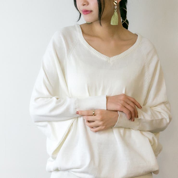 Vネックドルマン綿ニット プルオーバー セーター | atONE | 詳細画像48 