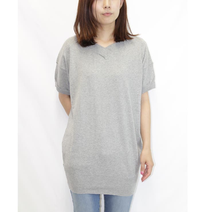 杢グレー | Vネックドルマン半袖綿ニット セーター カーディガン | atONE