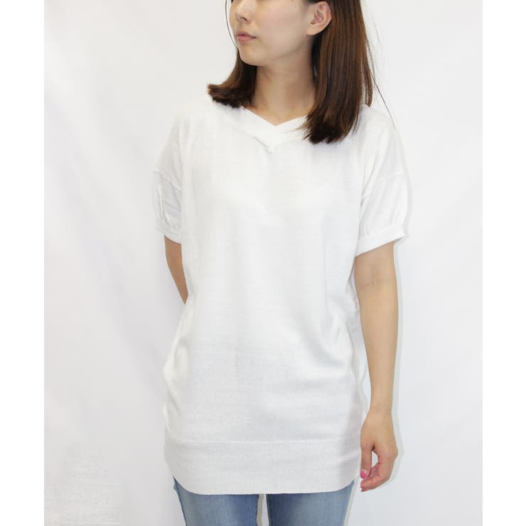 ホワイト | Vネックドルマン半袖綿ニット セーター カーディガン | atONE