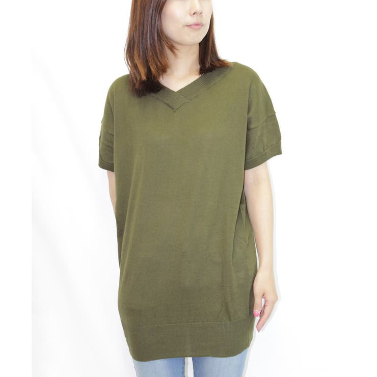 カーキ | Vネックドルマン半袖綿ニット セーター カーディガン | atONE