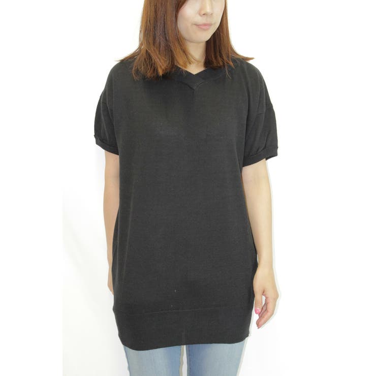 ブラック | Vネックドルマン半袖綿ニット セーター カーディガン | atONE