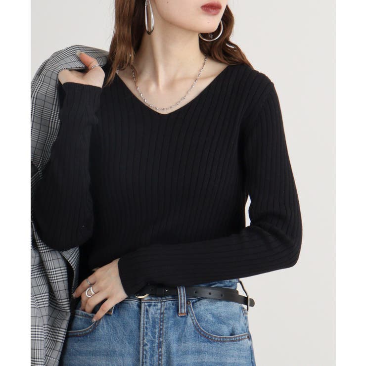 ブラック | Vネックリブニット | atONE