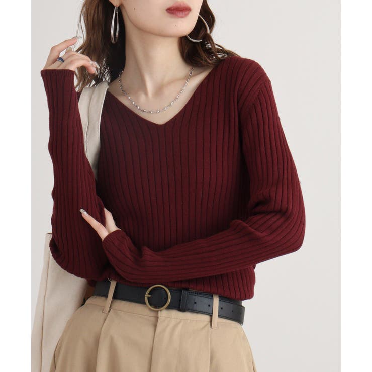 バーガンディ | Vネックリブニット | atONE