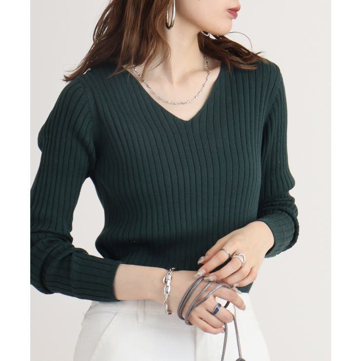 ダークグリーン | Vネックリブニット | atONE