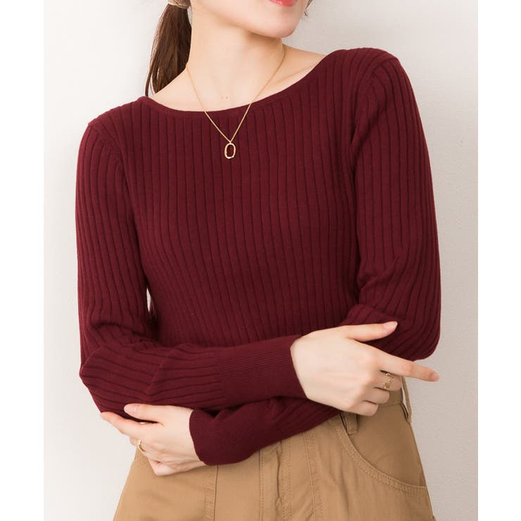 バーガンディ | リブニットボートネックセーター | atONE