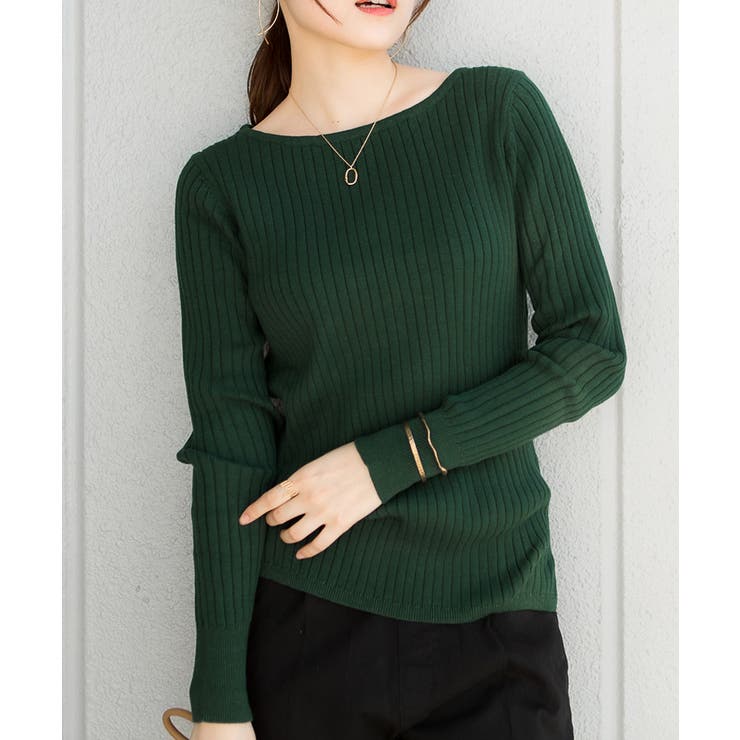 ダークグリーン | リブニットボートネックセーター | atONE