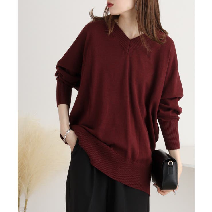 バーガンディ | Vネックリブドルマンセーター | atONE