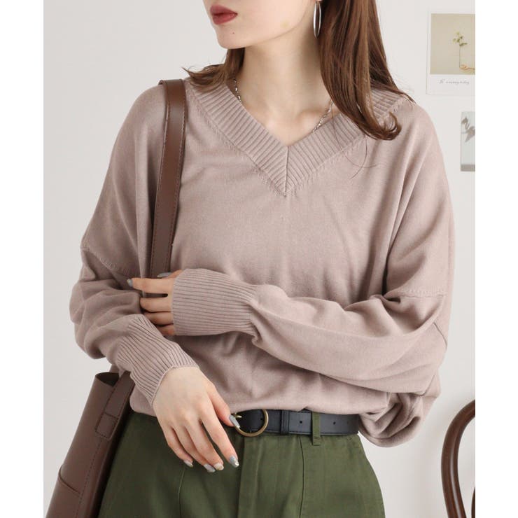 グレーベージュ | Vネックリブドルマンセーター | atONE