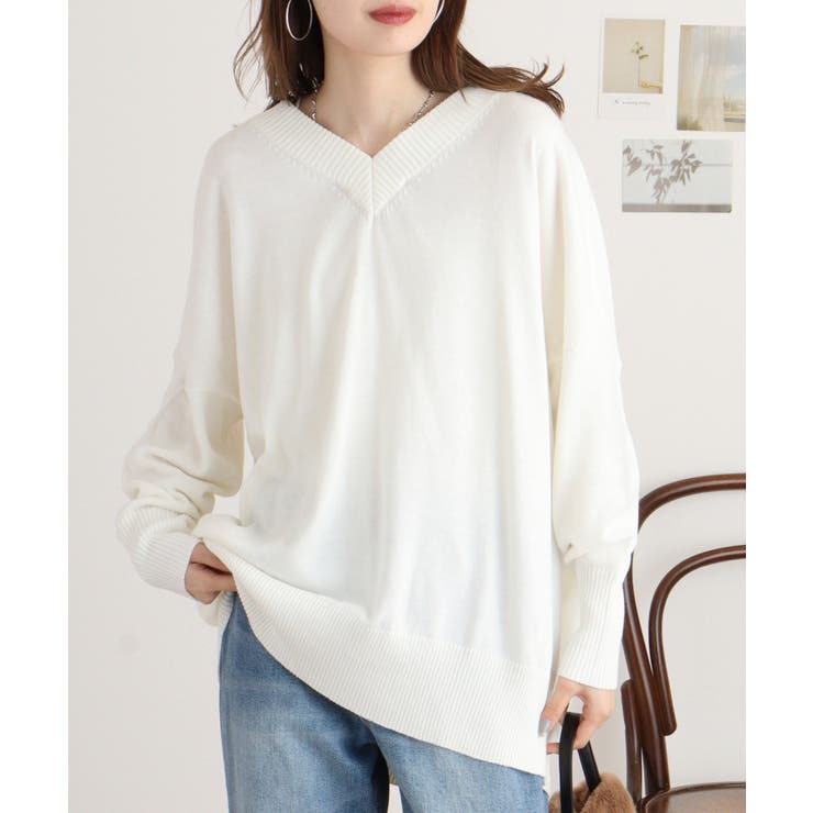 オフホワイト | Vネックリブドルマンセーター | atONE