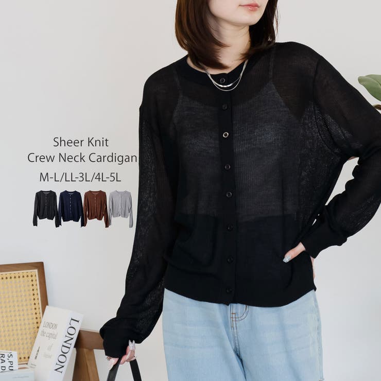 BLACK | シアーニットクルーネック長袖カーディガン | atONE