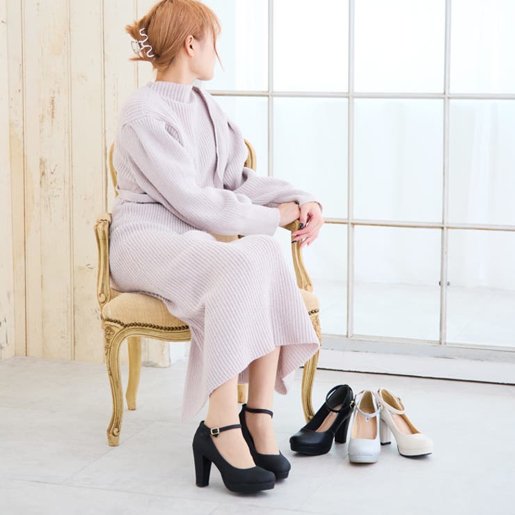 9cmチャンキーヒールラウンドトゥストラップパンプス[品番