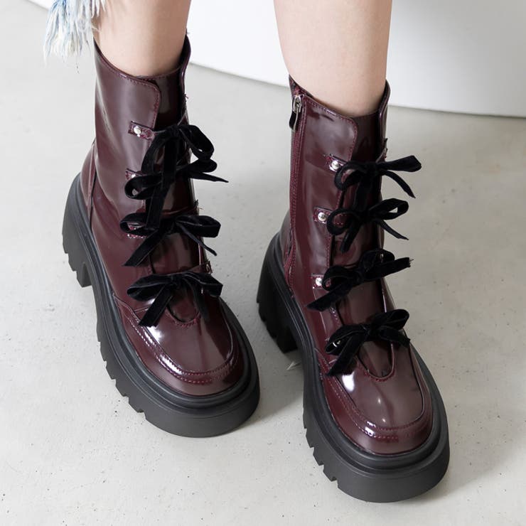 ワインスムース | 厚底リボンレースアップブーツ | attagirl 
