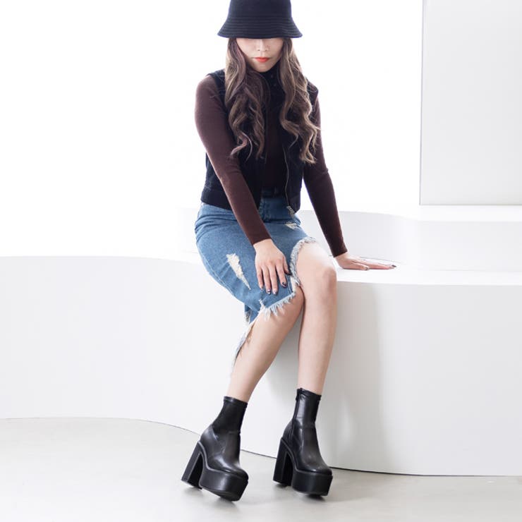 13cmヒール 厚底プラットフォームストレッチショートブーツ | attagirl  | 詳細画像21 