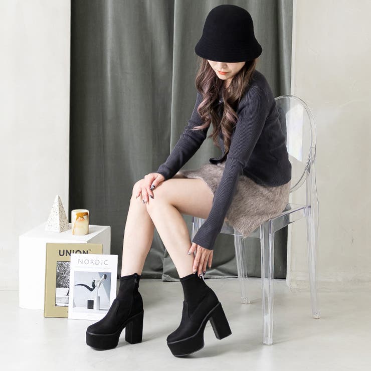 13cmヒール 厚底プラットフォームストレッチショートブーツ | attagirl  | 詳細画像33 