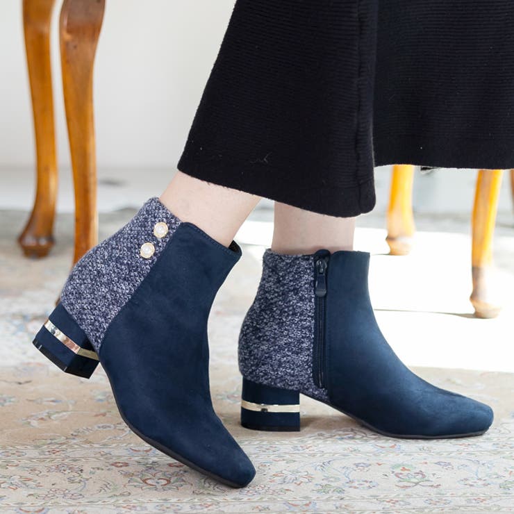 ネイビーツイード | メタルラインヒールツイードブーツ | attagirl 