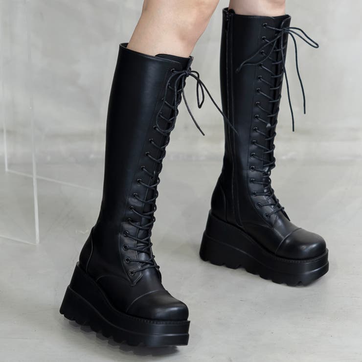 ブラックスムース | 厚底ソールレースアップロングブーツ | attagirl 