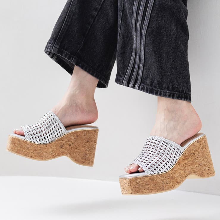 シルバー | メッシュ編みウェッジミュールサンダル | attagirl 