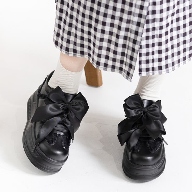 ブラックスムース | 厚底ダブルリボンフリルスニーカー | attagirl 