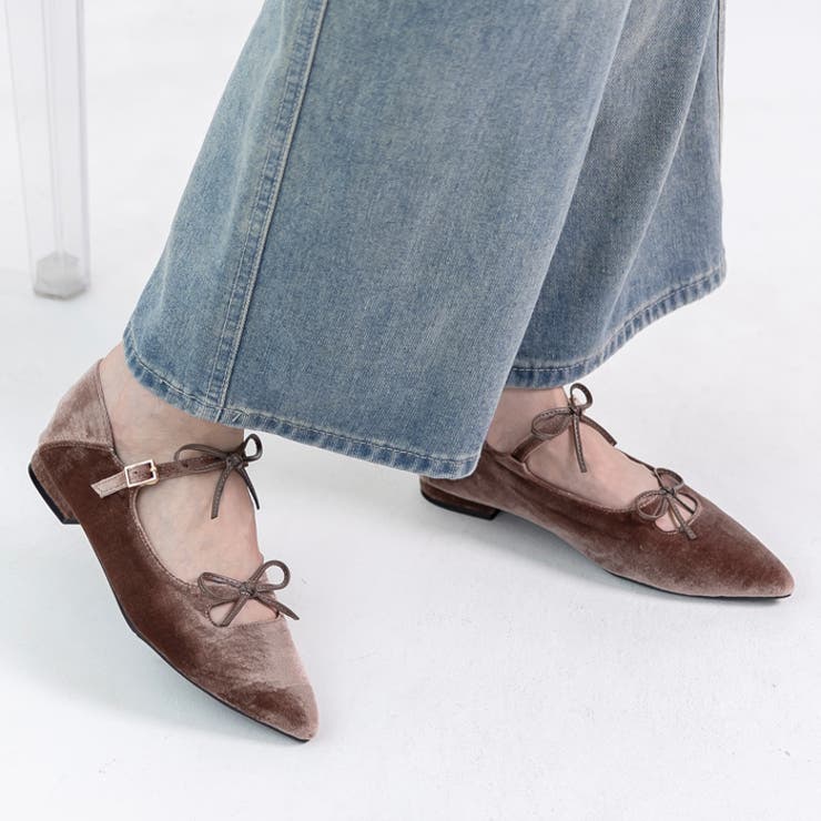 ブラウンベロア | ダブルリボンフラットシューズ | attagirl 