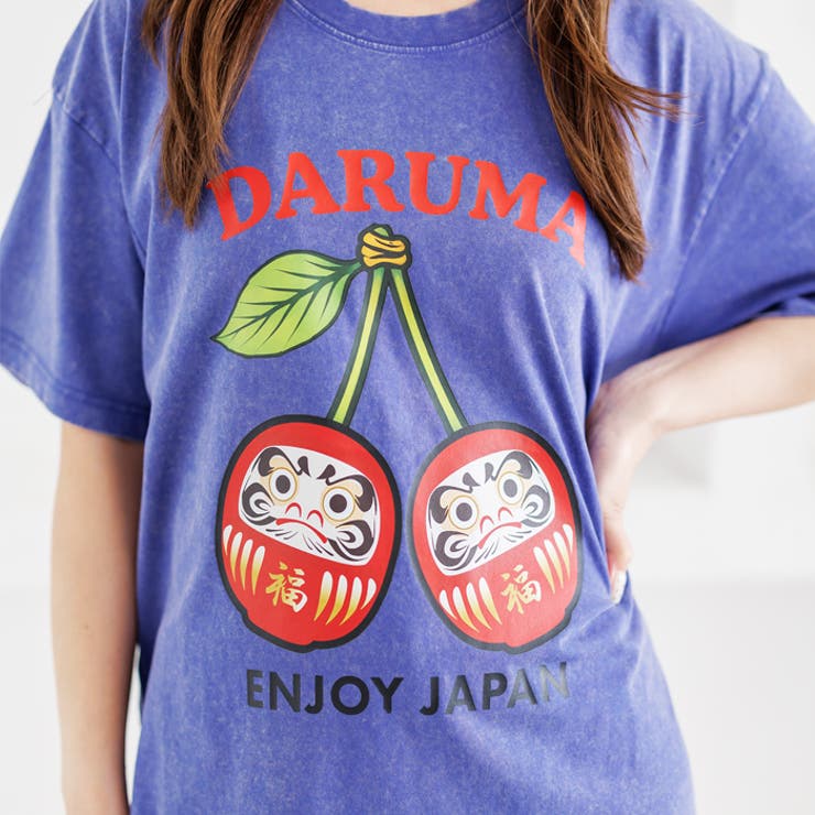 ブルー | ウォッシュ加工オーバーサイズダルマプリントTシャツ | attagirl 
