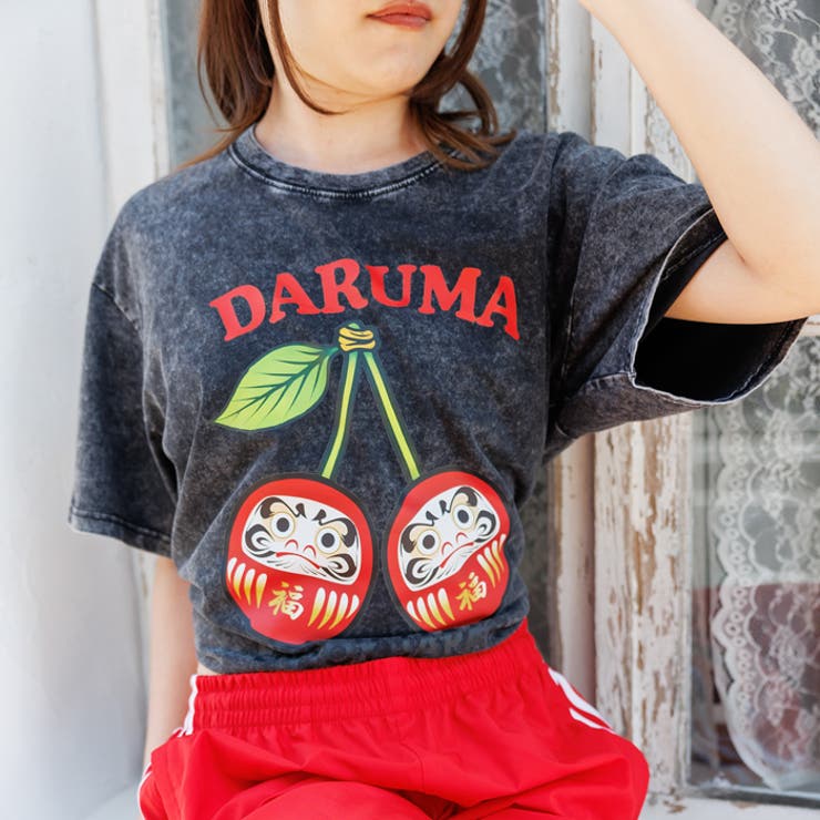 ブラック | ウォッシュ加工オーバーサイズダルマプリントTシャツ | attagirl 
