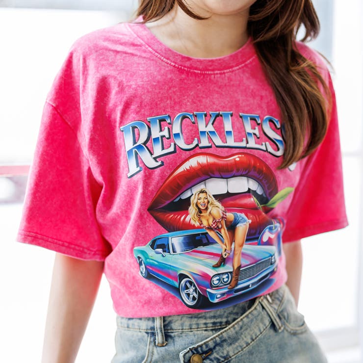 ピンク | ウォッシュ加工オーバーサイズレトロプリントTシャツ | attagirl 