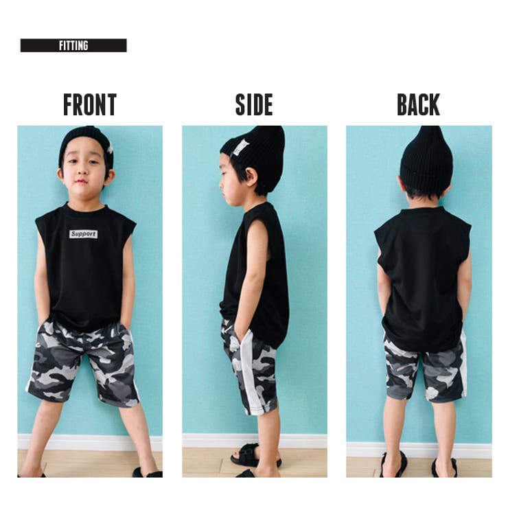 キッズセットアップ上下セットTシャツ子供服ノースリーブハーフパンツクルーネックプリント吸汗速乾メッシュロゴ迷彩ラインジュニアロックカジュアル110cm120cm130cm140cm150cm160cm「131-08.09」