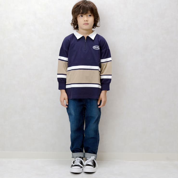 キッズポロシャツ子供服男の子女の子長袖USコットン綿切替ラインファスナービッグシルエットBIGジュニアカジュアルアメカジストリート110cm120cm130cm140cm150cm160cm「343-03」