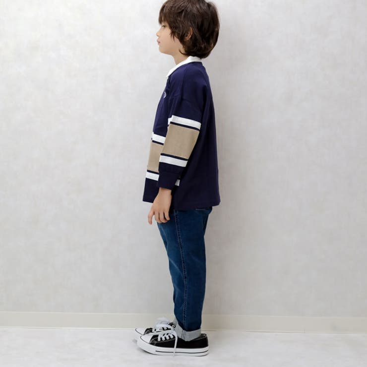 キッズポロシャツ子供服男の子女の子長袖USコットン綿切替ラインファスナービッグシルエットBIGジュニアカジュアルアメカジストリート110cm120cm130cm140cm150cm160cm「343-03」