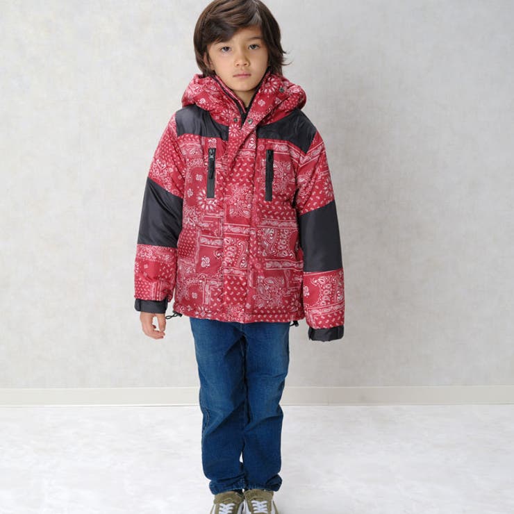 キッズ子供服中綿ジャケットアウターバルトロ風マウンテンジャケットフーディーパーカー男の子女の子ボーイズガールズジャンパー防寒暖か総柄ペイズリーアウトドアキャンプスポーティジュニア120cm130cm140cm150cm160cm「943-105」