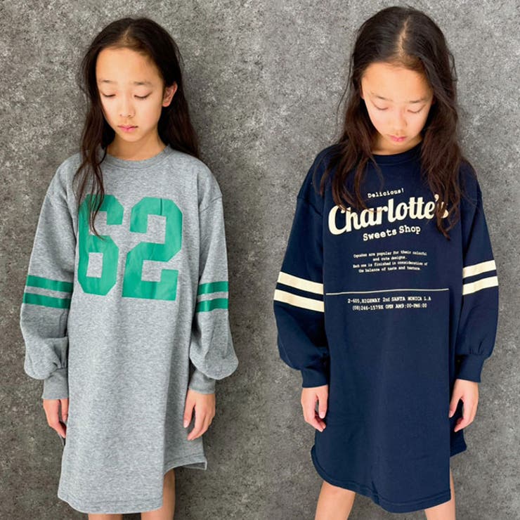 キッズワンピース子供服長袖ゆったりBIG大きめビッグシルエットボリューム袖クルーネック裏起毛プリントロゴジュニアカジュアル110cm120cm130cm140cm150cm160cm「242-06」