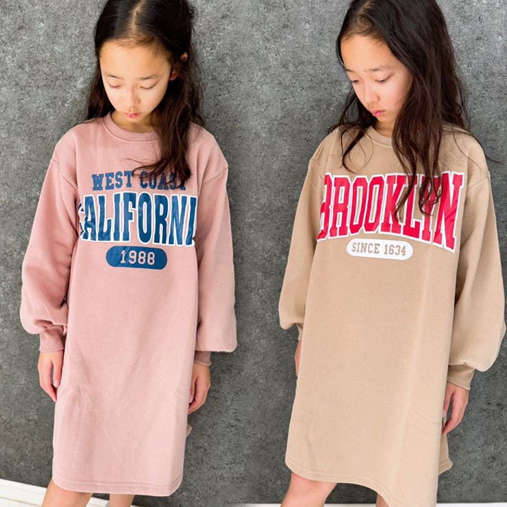 キッズワンピース子供服長袖ゆったりBIG大きめビッグシルエットボリューム袖クルーネック裏起毛プリントロゴジュニアカジュアル110cm120cm130cm140cm150cm160cm「242-06」