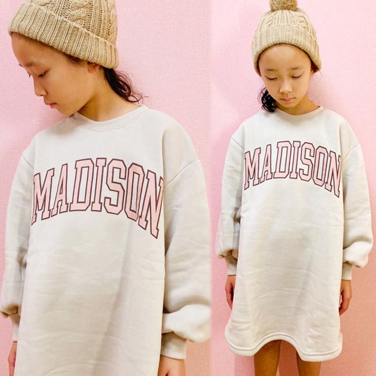 キッズワンピース子供服長袖ゆったりBIG大きめビッグシルエットボリューム袖クルーネック裏起毛プリントロゴジュニアカジュアル110cm120cm130cm140cm150cm160cm「242-06」
