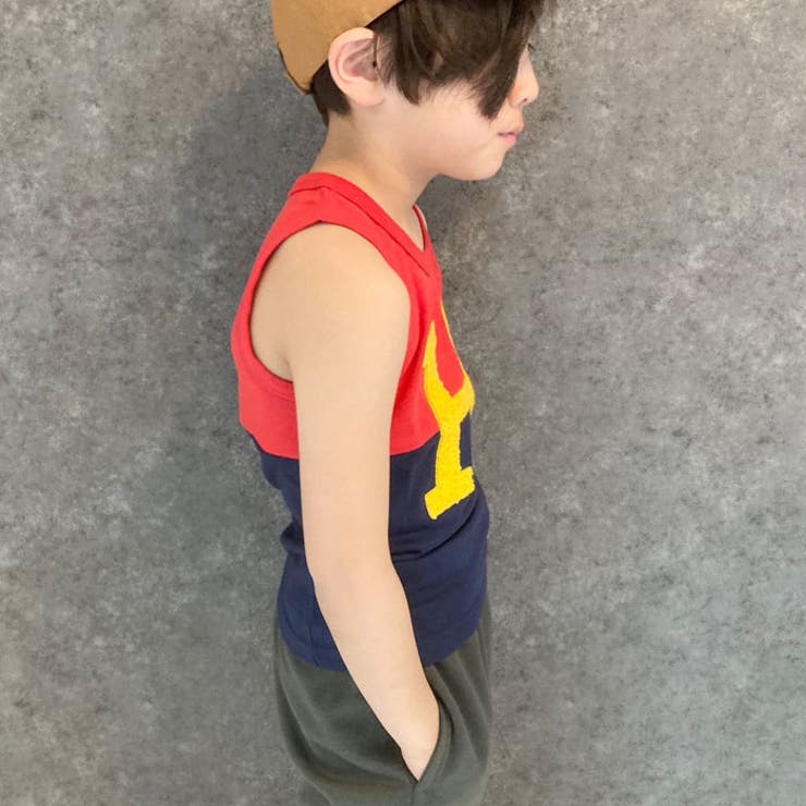 キッズ子供服タンクトップ男の子ノースリーブプリントタンクトップジュニアボーイズサガラ刺繍アメカジ韓国子供服110cm120cm130cm140cm150cm160cm「339-02」
