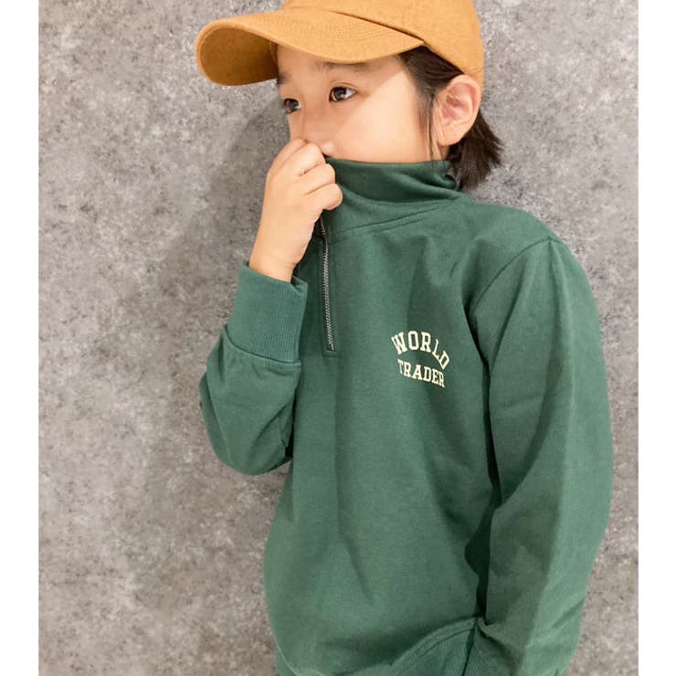 キッズトレーナートップス裏起毛タートルネックハイネックハーフジップZIP子供服男の子女の子ビッグシルエットBIGプリントロゴジュニアカジュアルアメカジストリート110cm120cm130cm140cm150cm160cm「543-131」