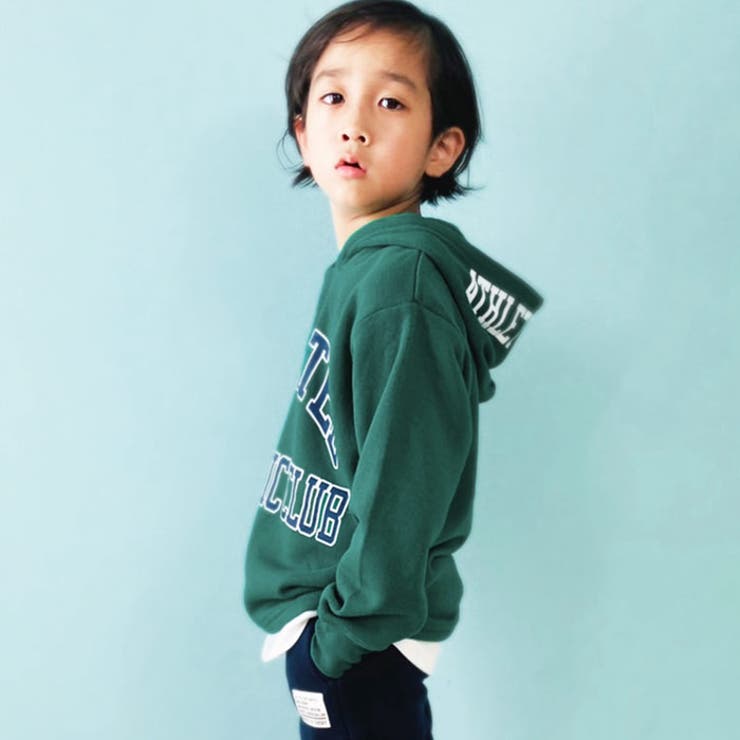 【ZI-ON×メール便送料無料】キッズパーカースウェットプルオーバー子供服長袖ゆったりプルパーカーレイヤード重ね着裏起毛プリントロゴジュニアアメカジカジュアル110cm120cm130cm140cm150cm160cm「342-11」