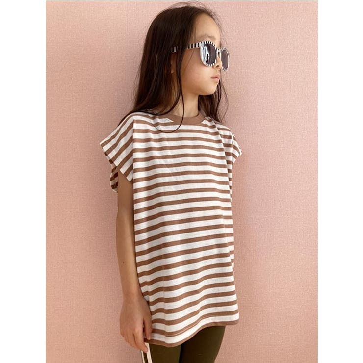 キッズTシャツ子供服ノースリーブビッグ女の子ガールズボーダードットクルーネックジュニア韓国子供服110cm120cm130cm140cm150cm160cm「221-07.08」