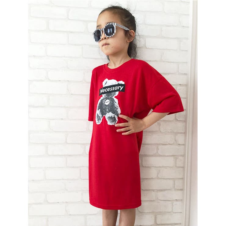 【ZI-ON×送料無料】キッズワンピース子供服ひざ下丈半袖BIGオーバーサイズゆったりビッグシルエット女の子ガールズプリントくまジュニア韓国子供服110cm120cm130cm140cm150cm160cm「230-04」