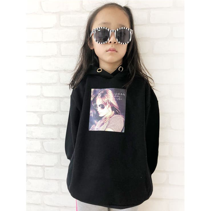 キッズ子供服トップスチュニックパーカー女の子ガールズプリント裏起毛グラフィック画像フォトジュニア韓国子供服110cm120cm130cm140cm150cm160cm「240-24」