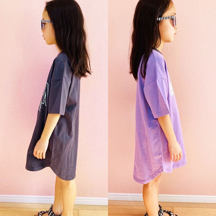 【ZI-ON×メール便送料無料】キッズワンピース子供服半袖Tシャツワンピ女の子ガールズビッグシルエットBIGひざ丈Aラインプリントロゴ切替ジュニアカジュアル韓国子供服110cm120cm130cm140cm150cm160cm「222-04」